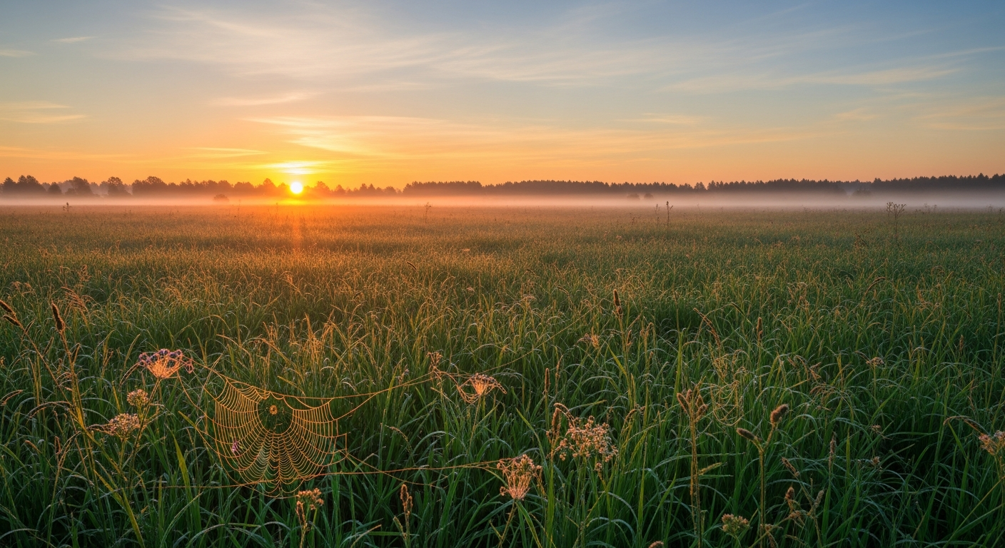 Grüne Wiese bei Sonnenaufgang